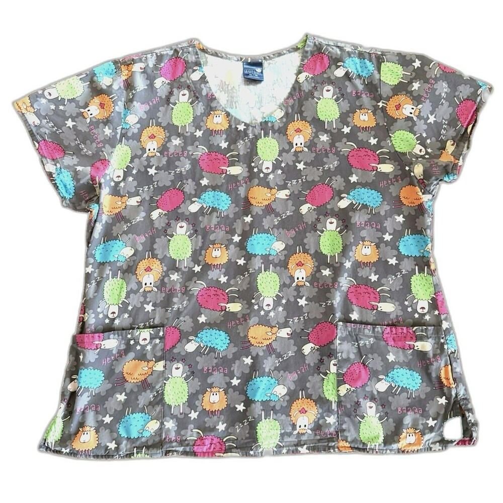 Zoe & Chloe Women's Scrub Top Size XL Counting Sheep V-Neck Medical 100% Cotton